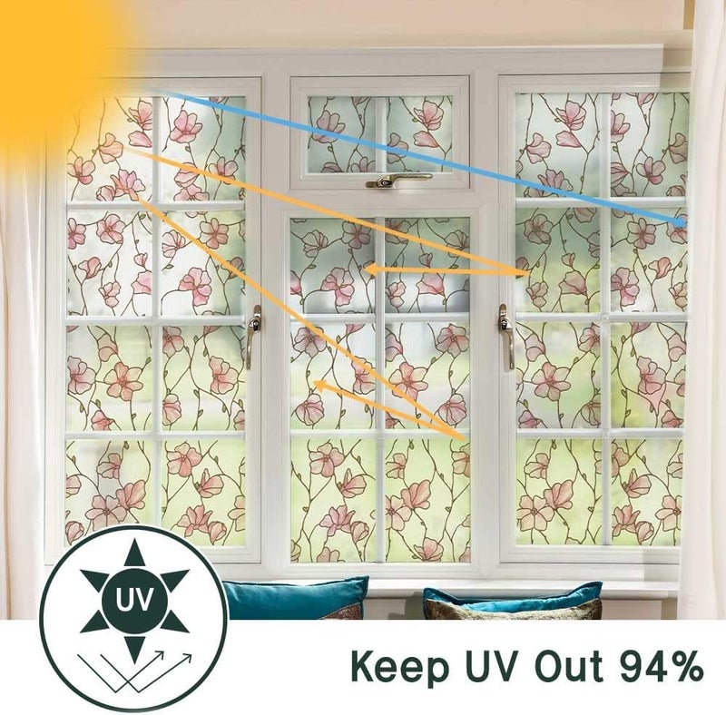 BEAUS TILE UNI Window Film Static Clings Non Adhesive 3D Stained Glass Window Decals UV Protection (Cherry Blossom, 37.4 x 24.4 Inch) - Image 2